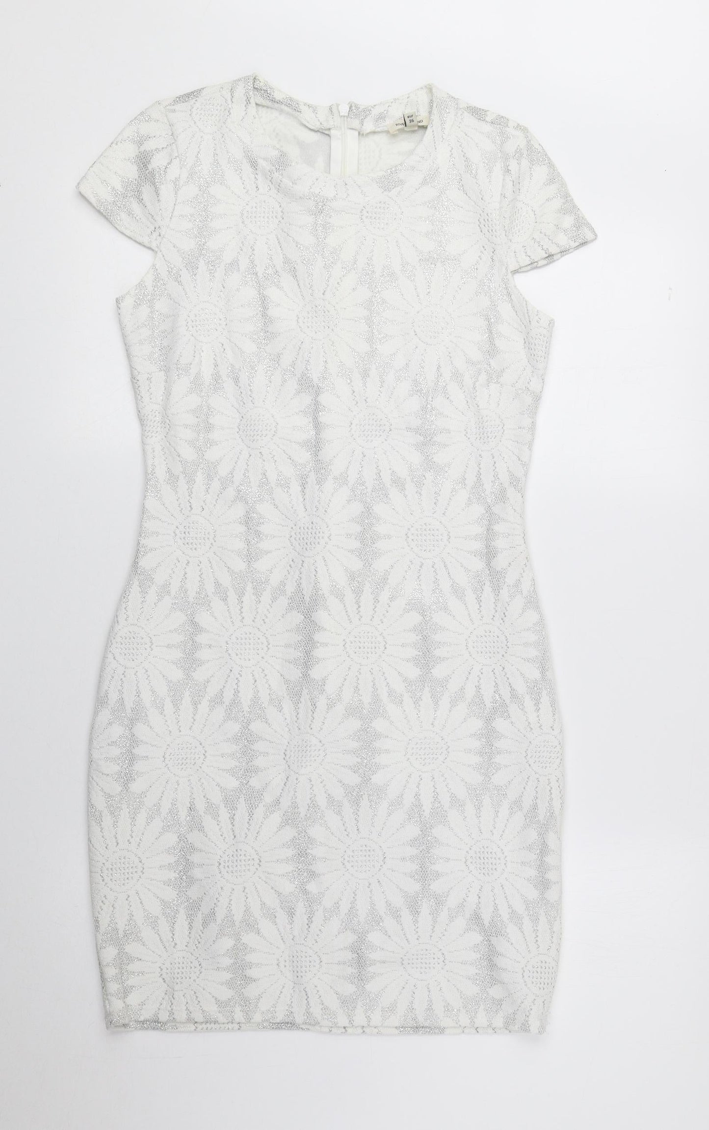 River Island Womens Grey Floral Polyester Pencil Dress Size 8 Round Neck Zip