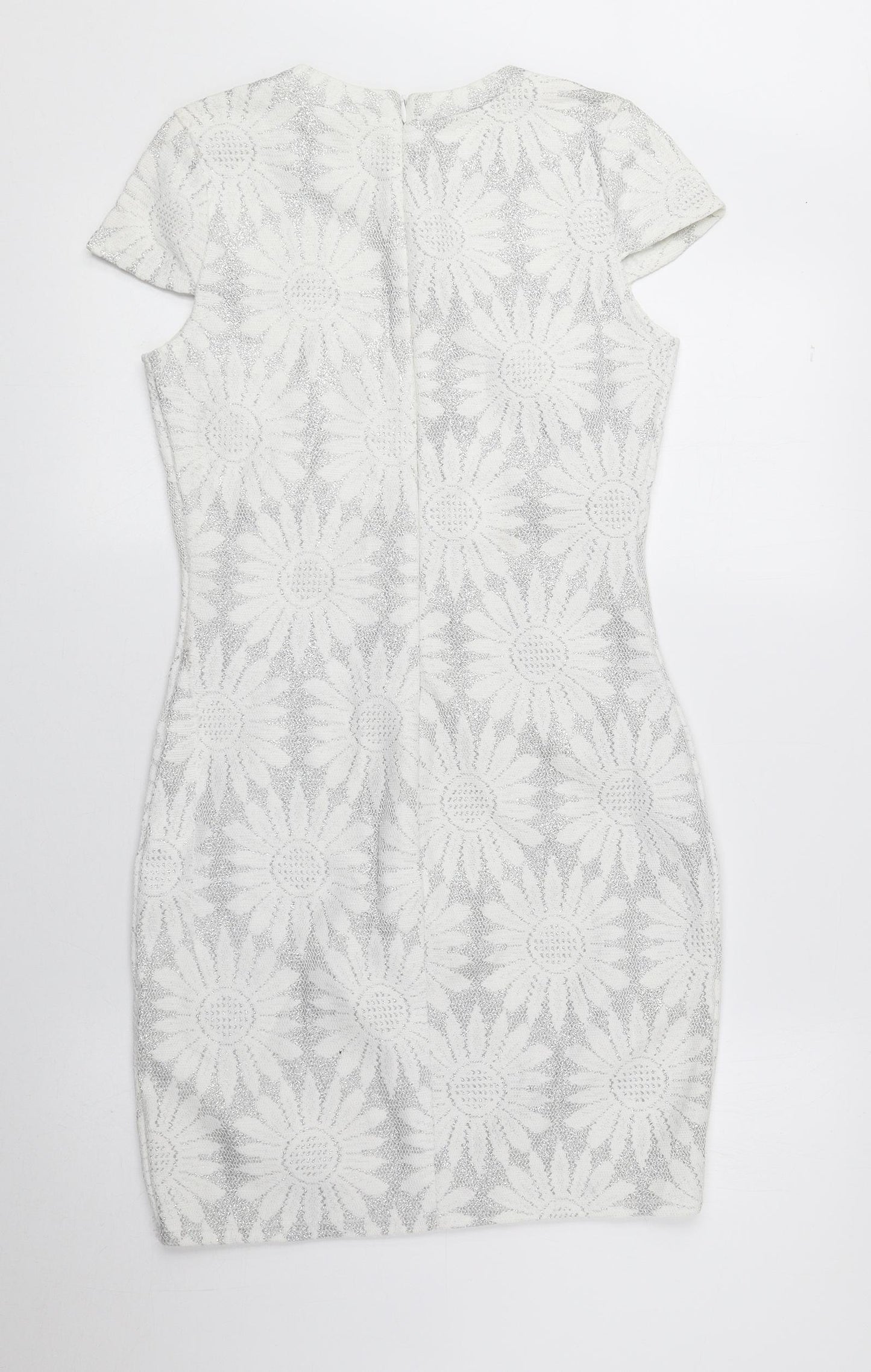 River Island Womens Grey Floral Polyester Pencil Dress Size 8 Round Neck Zip