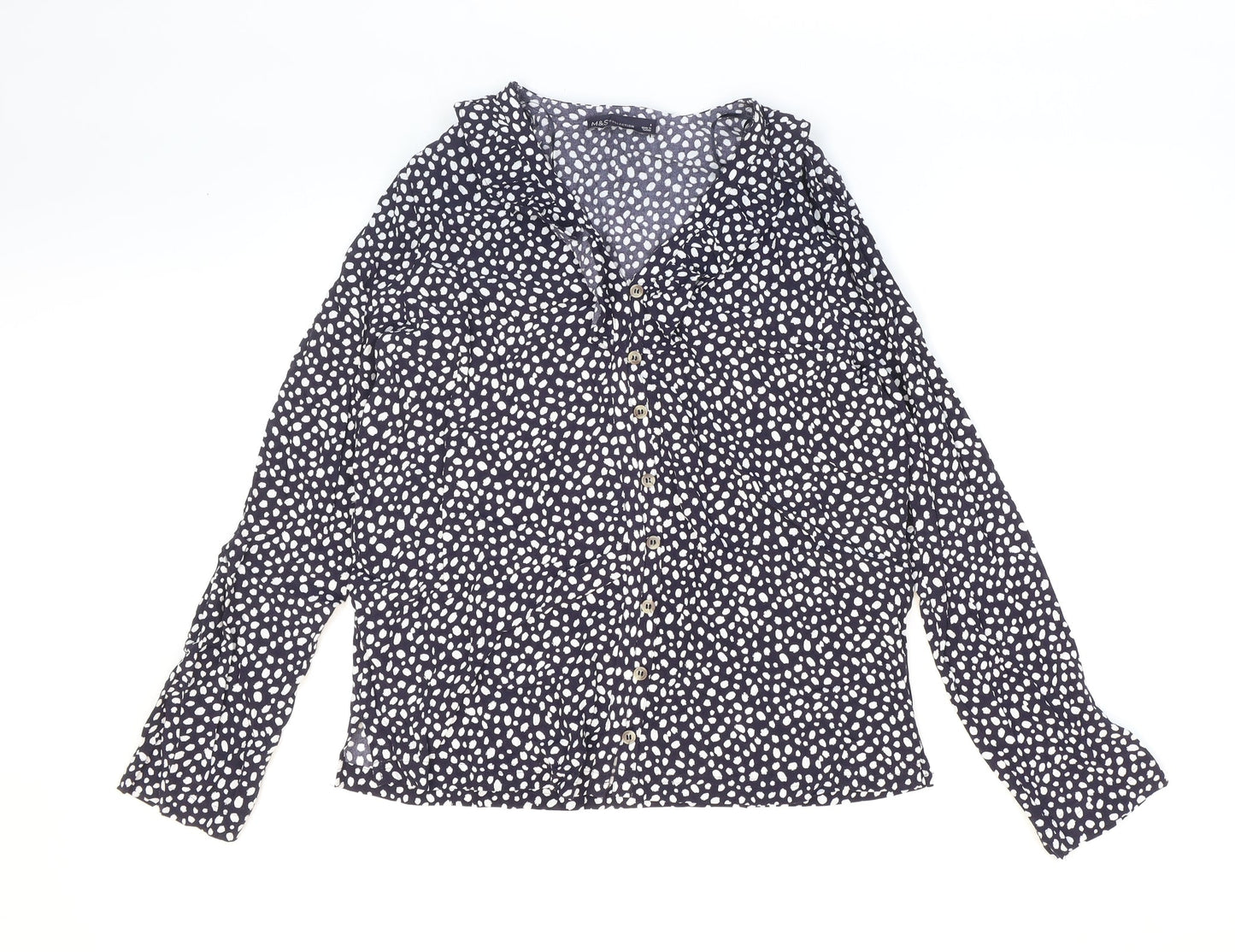 Marks and Spencer Womens Blue Polka Dot Viscose Basic Button-Up Size 8 Collared