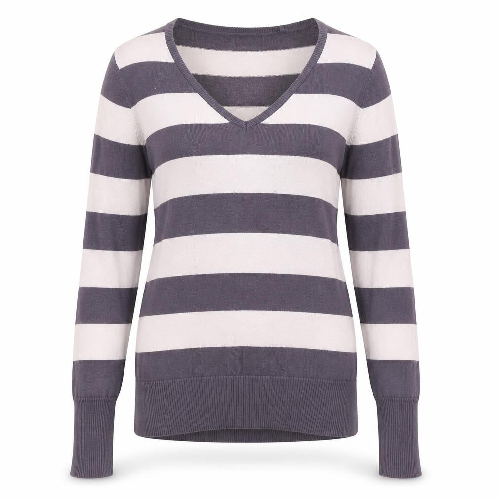 Blend Womens Purple V-Neck Striped Cotton Pullover Jumper Size M