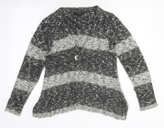 Janique Womens Grey V-Neck Striped Polyester Cardigan Jumper Size 12