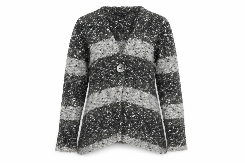 Janique Womens Grey V-Neck Striped Polyester Cardigan Jumper Size 12