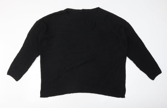 New Look Womens Black V-Neck Polyester Pullover Jumper Size L - Ribbed