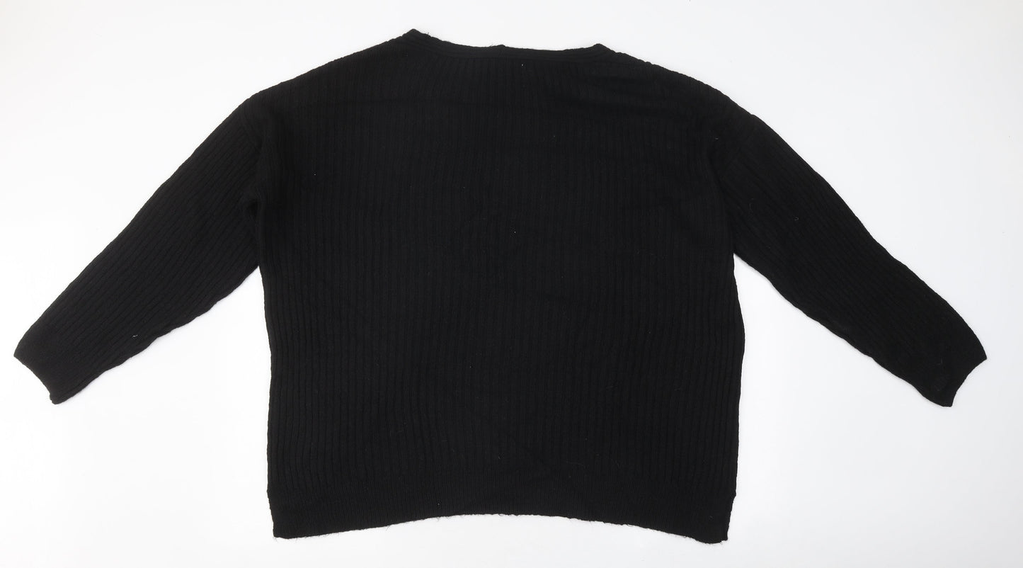 New Look Womens Black V-Neck Polyester Pullover Jumper Size L - Ribbed