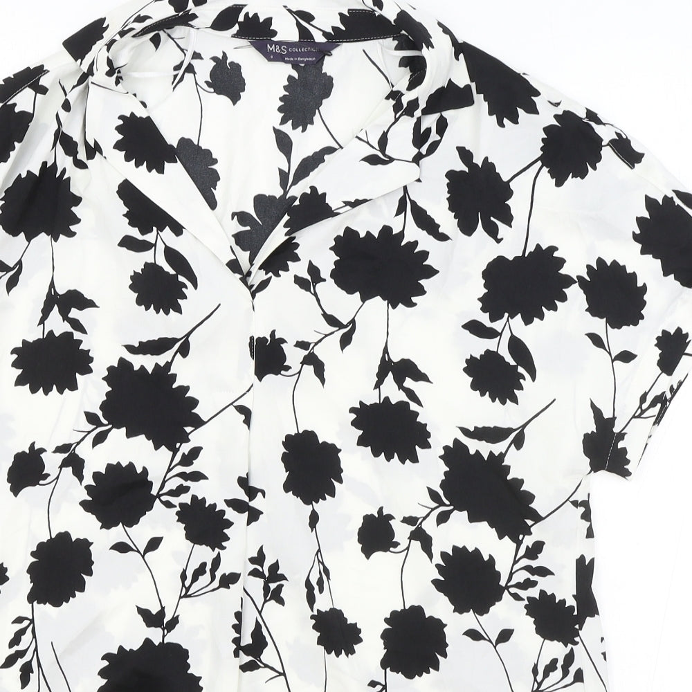 Marks and Spencer Womens White Floral Polyester Basic Blouse Size 8 V-Neck
