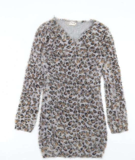 VOULEY VOUS Womens Brown Animal Print Acrylic Jumper Dress Size S V-Neck Pullover