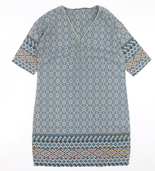 Cache Cache Womens Blue Geometric Polyester A-Line Size 10 V-Neck Pullover