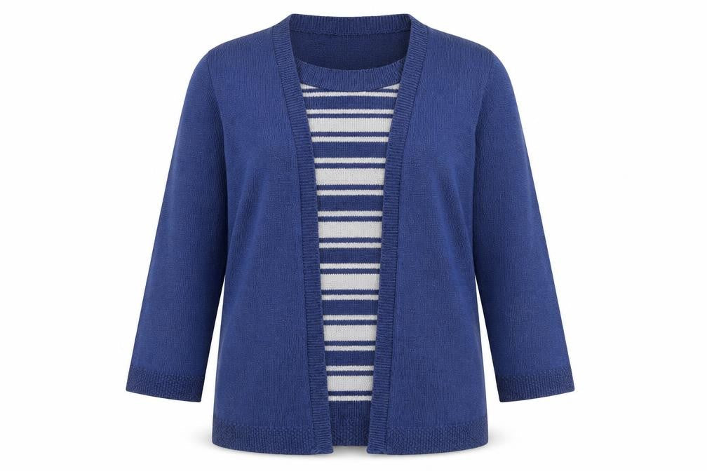 Alexara Womens Blue Round Neck Striped Elastane Pullover Jumper Size L - 2 in 1 cardigan and jumper