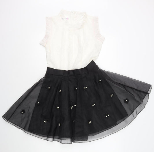 Lanyizikou Womens Black Polyester Skater Dress Size S High Neck Zip - Lace Top