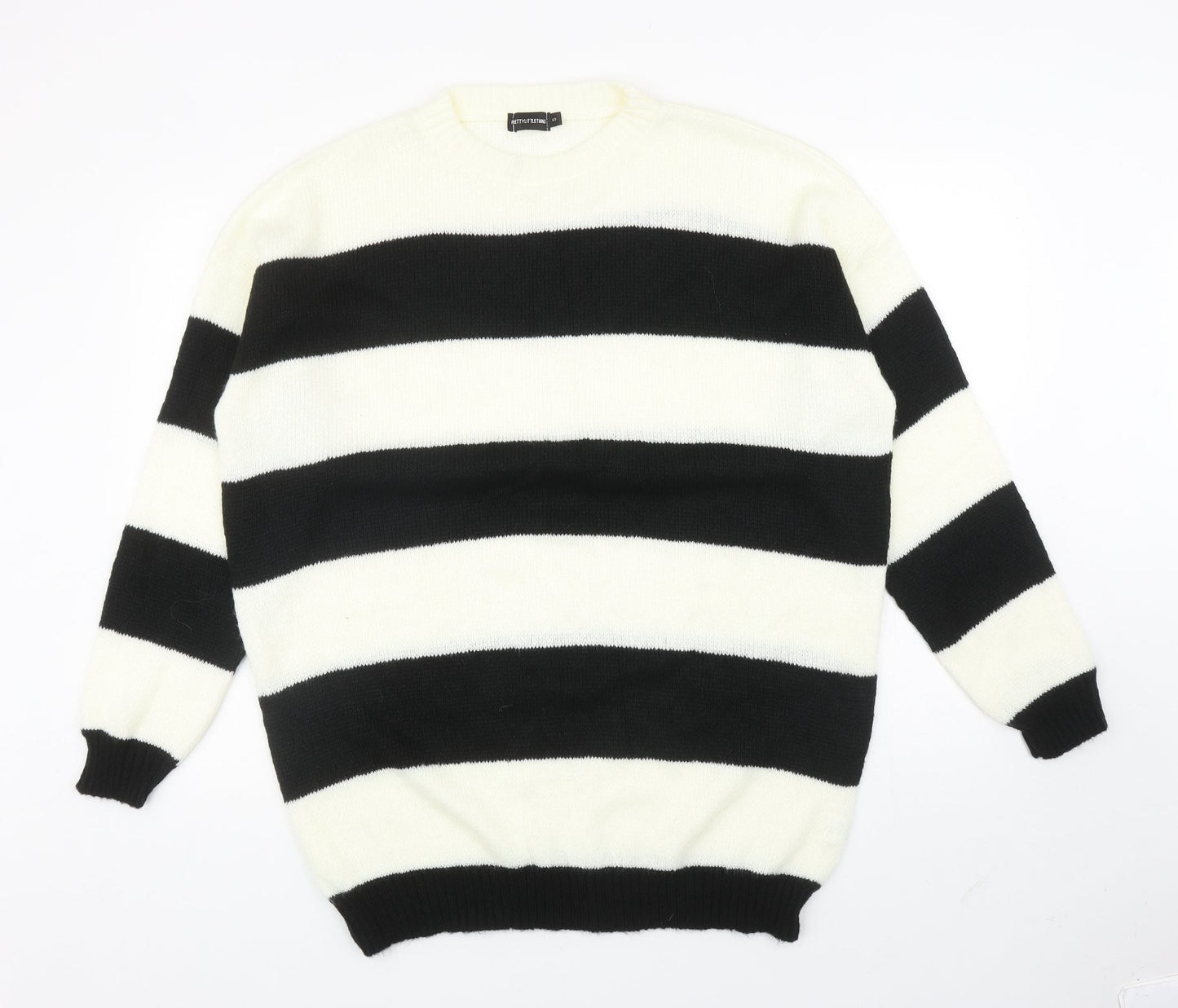 PRETTYLITTLETHING Womens Ivory Round Neck Striped Acrylic Tunic Jumper Size S