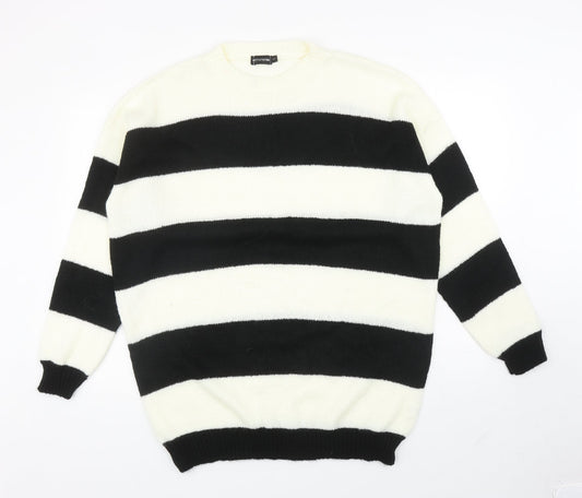 PRETTYLITTLETHING Womens Ivory Round Neck Striped Acrylic Tunic Jumper Size S