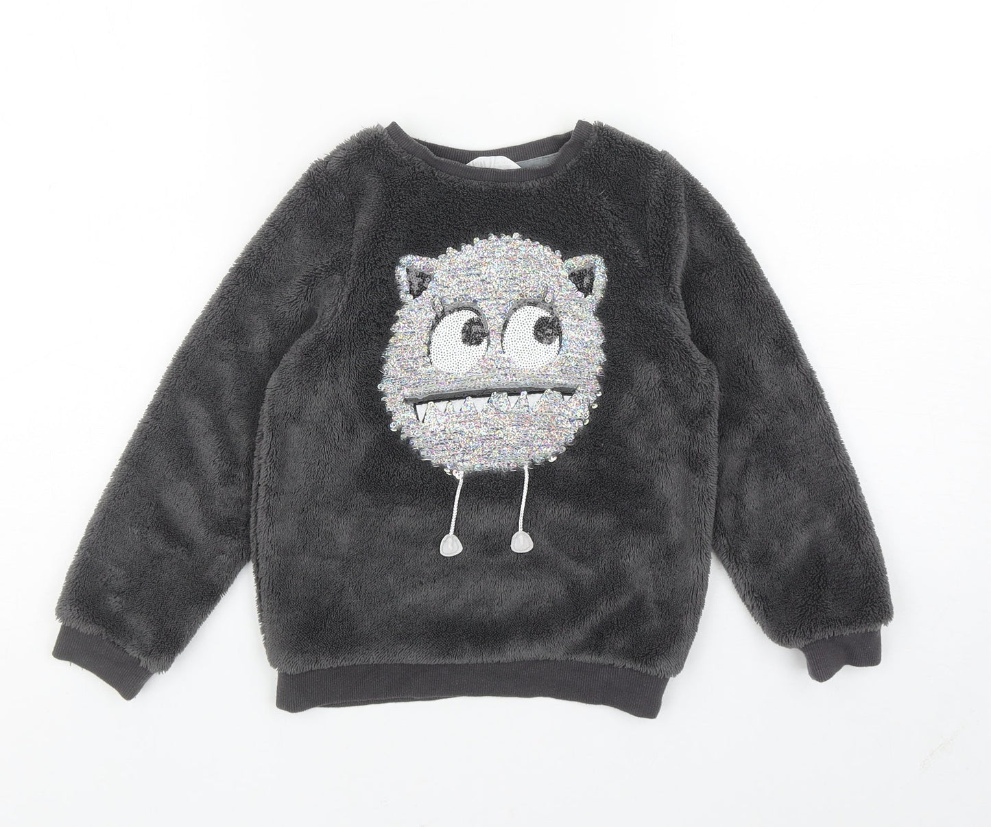H&M Girls Grey Solid 100% Polyester Top Lounge Set Size 5-6 Years Pullover - Monster