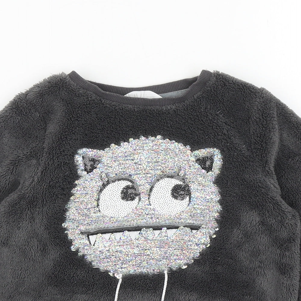 H&M Girls Grey Solid 100% Polyester Top Lounge Set Size 5-6 Years Pullover - Monster
