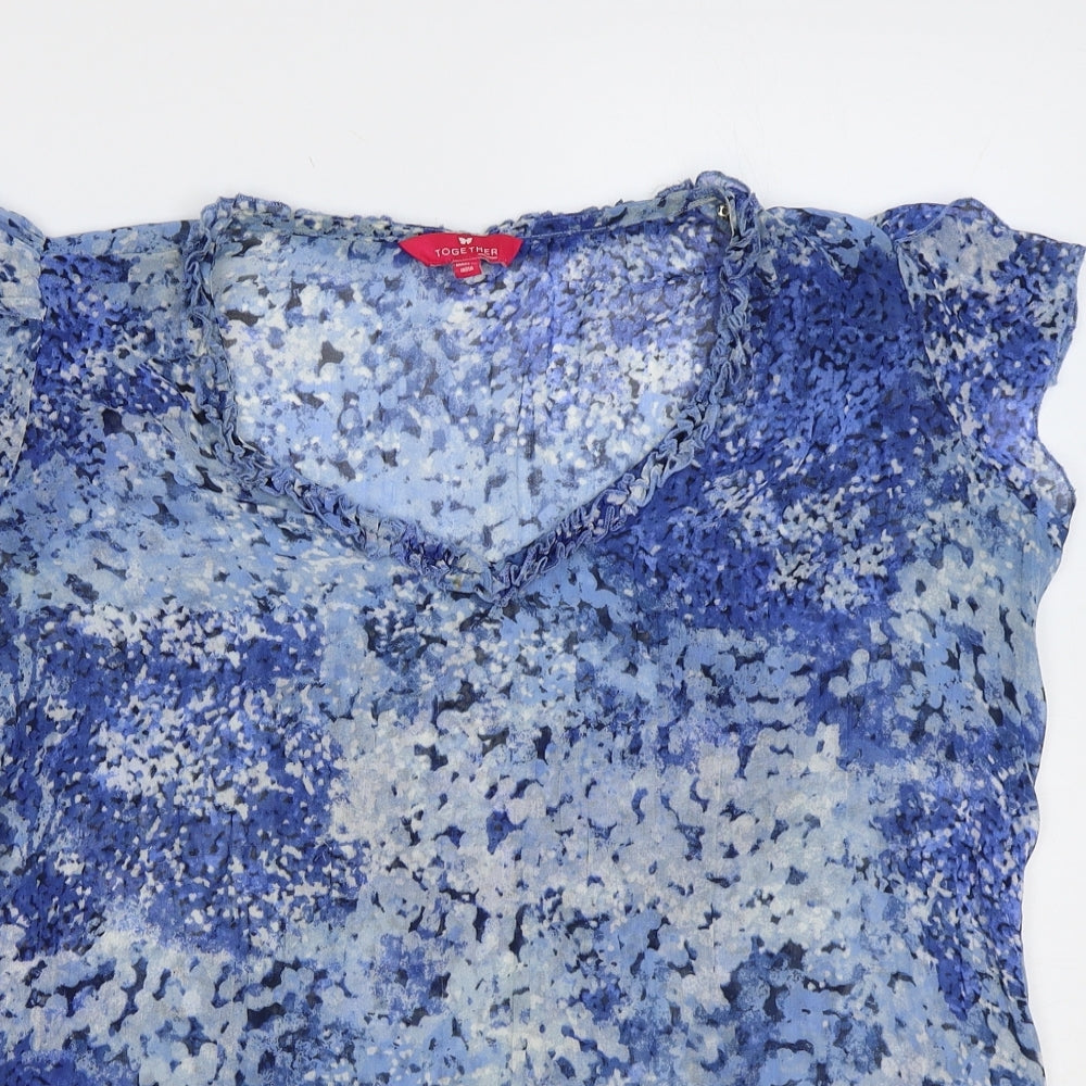 Together Womens Blue Geometric Polyester Basic Blouse Size 14 V-Neck