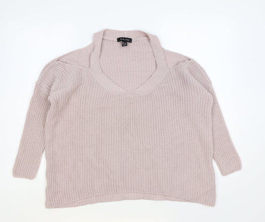 New Look Womens Pink V-Neck Acrylic Pullover Jumper Size S