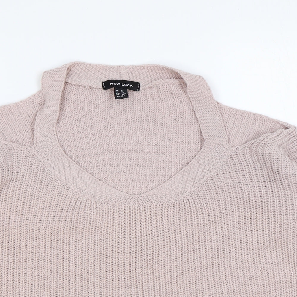 New Look Womens Pink V-Neck Acrylic Pullover Jumper Size S