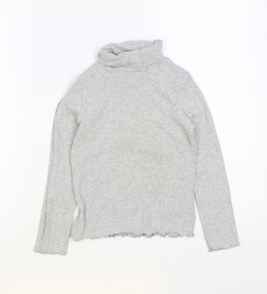 Marks and Spencer Girls Grey Roll Neck Cotton Pullover Jumper Size 8-9 Years Pullover