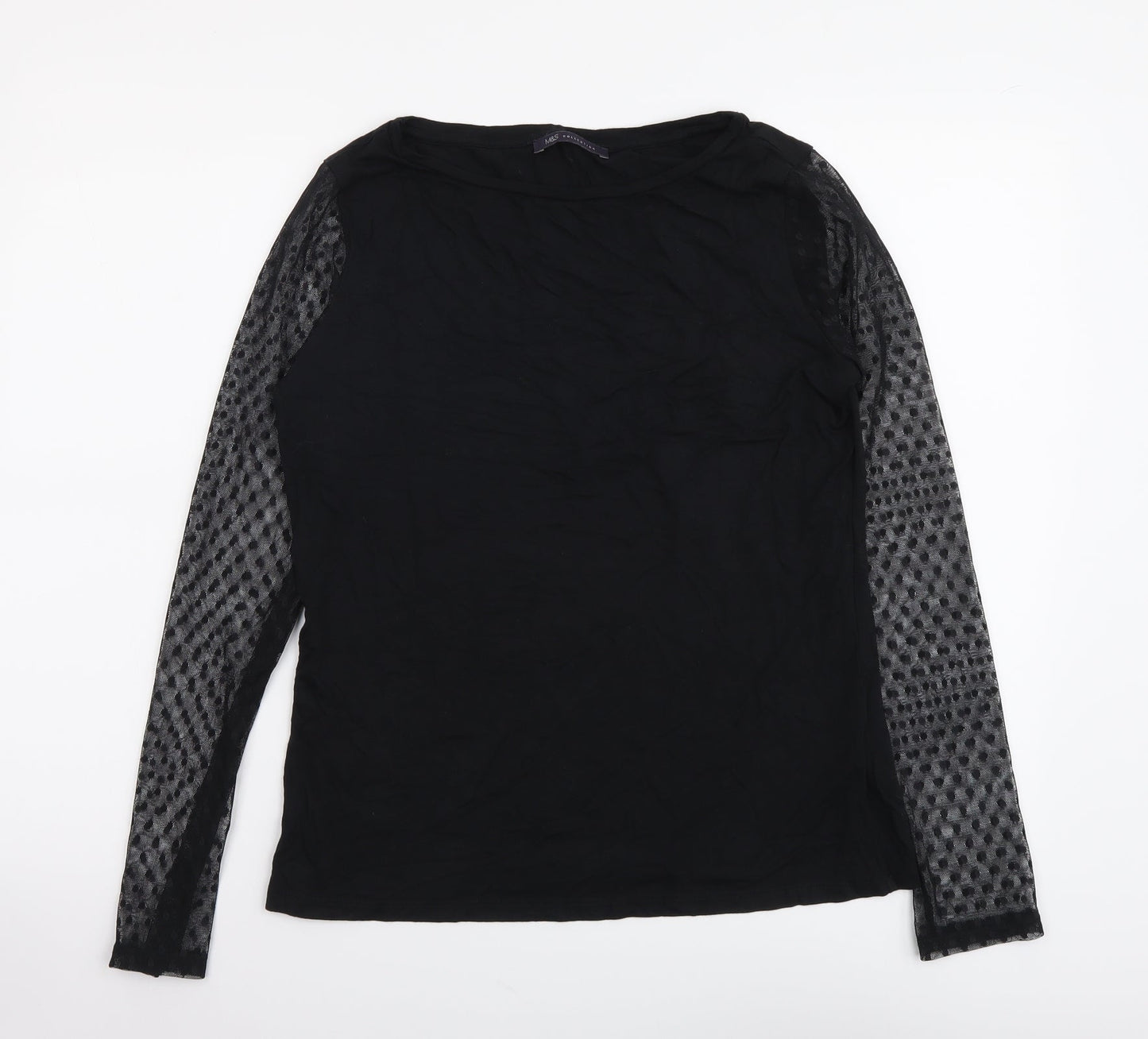 Marks and Spencer Womens Black Viscose Basic Blouse Size 12 Boat Neck - Mesh Sleeves