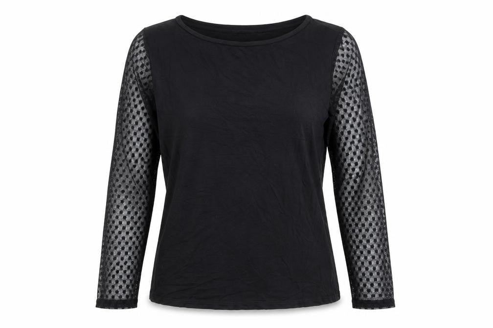 Marks & Spencer Womens Black Viscose Basic Blouse Size 12 Boat Neck - Mesh Sleeves