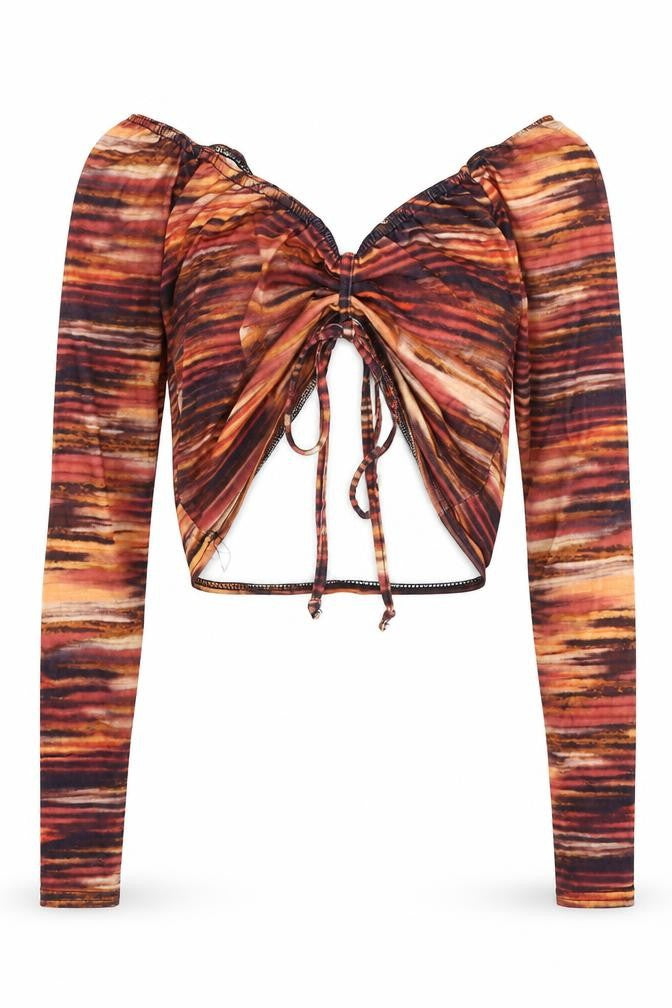 PRETTYLITTLETHING Womens Multicoloured Geometric Polyester Cropped Blouse Size 10 V-Neck - Ruched front