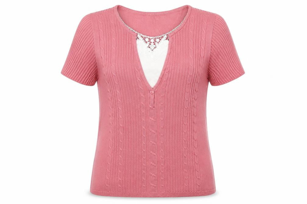 Damart Womens Pink Polyester Basic T-Shirt Size 10 V-Neck - Lace Neckline