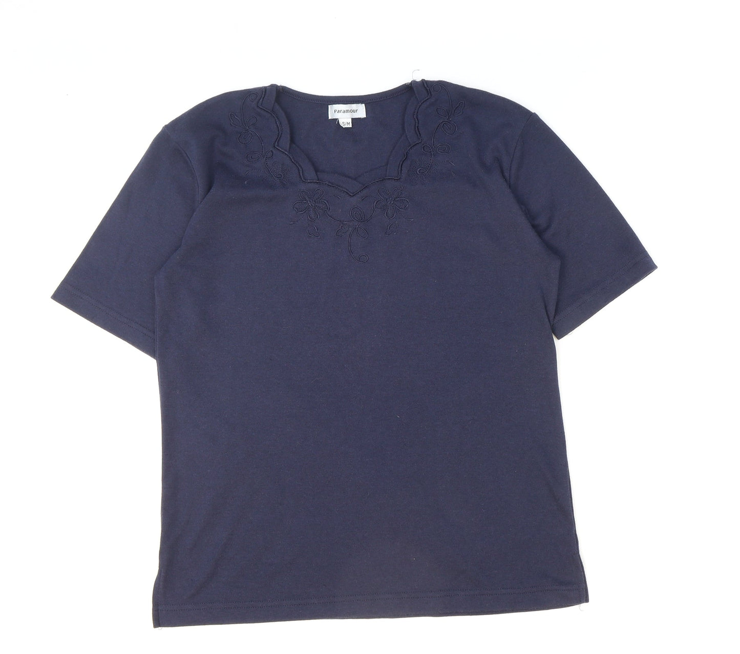 Paramour Womens Blue Floral Polyester Basic T-Shirt Size S V-Neck