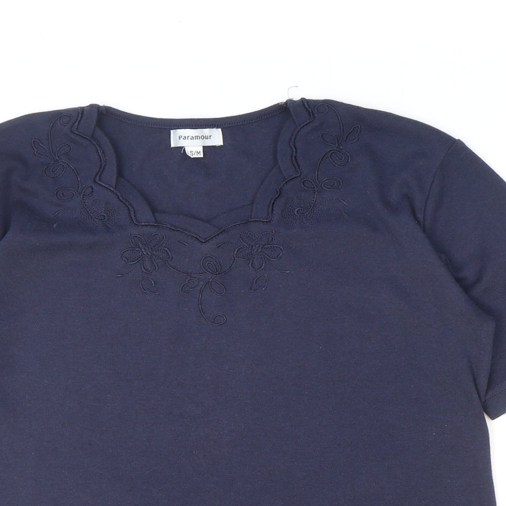 Paramour Womens Blue Floral Polyester Basic T-Shirt Size S V-Neck