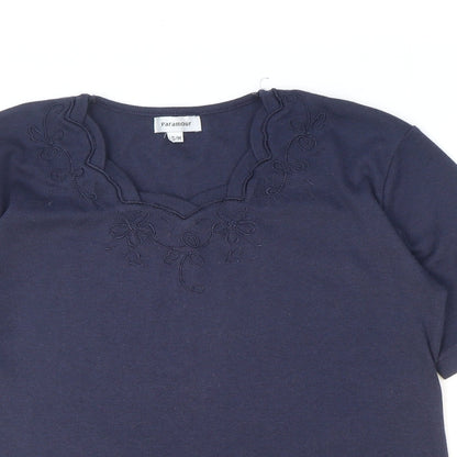 Paramour Womens Blue Floral Polyester Basic T-Shirt Size S V-Neck