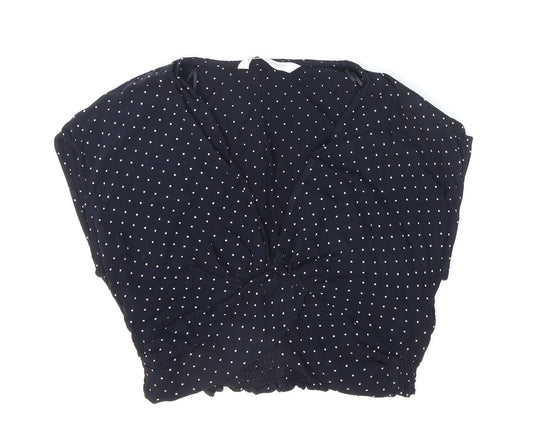 Zara Womens Blue Polka Dot Viscose Cropped Blouse Size 4 V-Neck