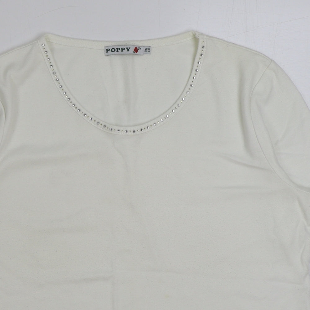 Poppy Womens White Polyester Basic T-Shirt Size 14 Round Neck