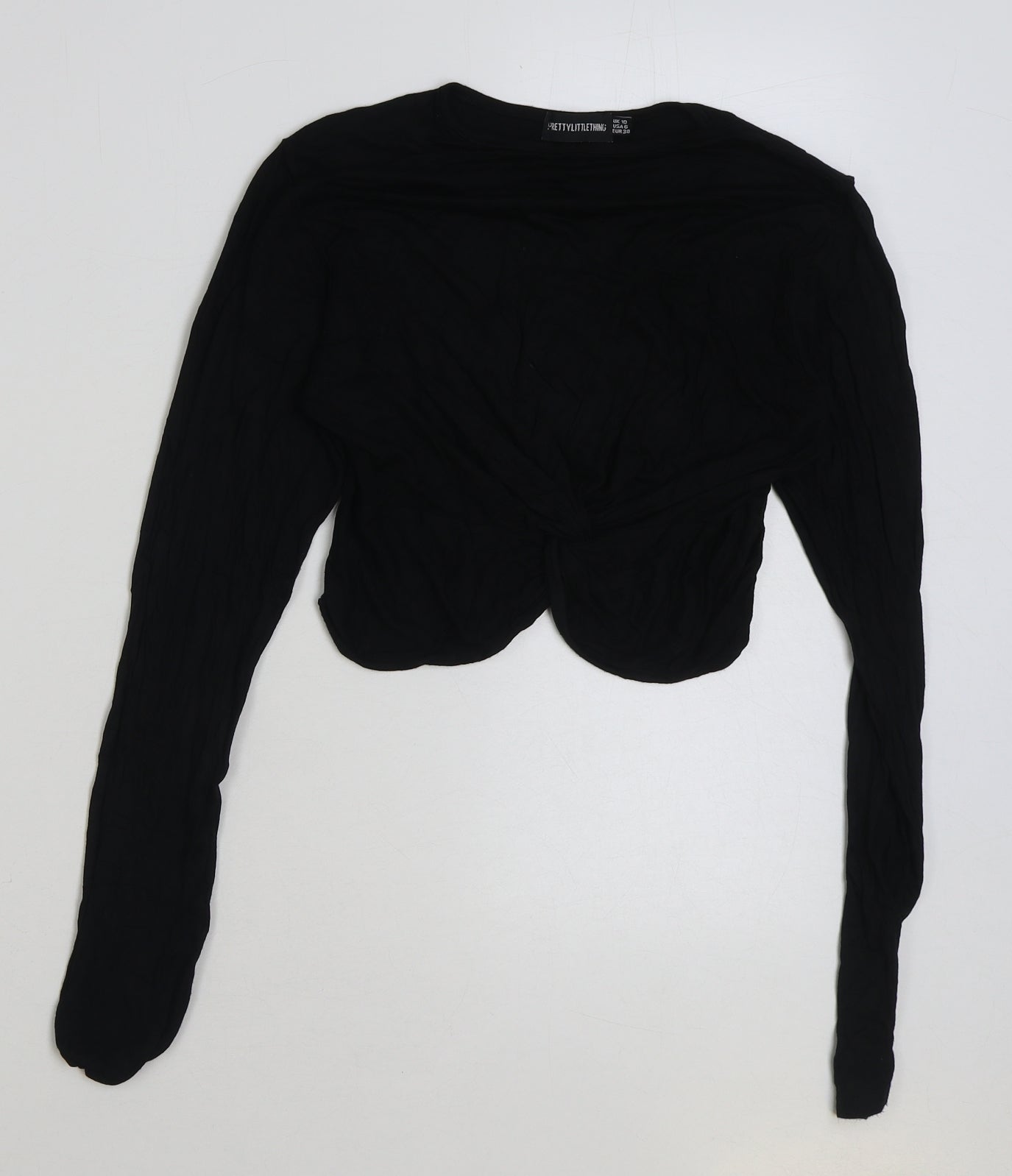 PRETTYLITTLETHING Womens Black Polyester Cropped T-Shirt Size 10 Round Neck