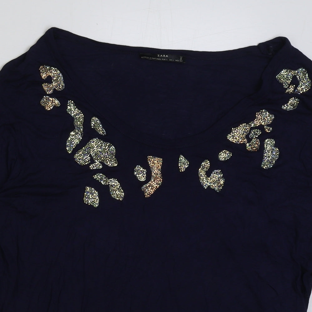 Zara Womens Blue Polyester Basic T-Shirt Size L Round Neck