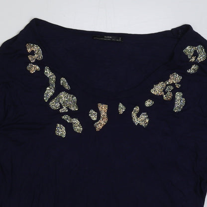Zara Womens Blue Polyester Basic T-Shirt Size L Round Neck