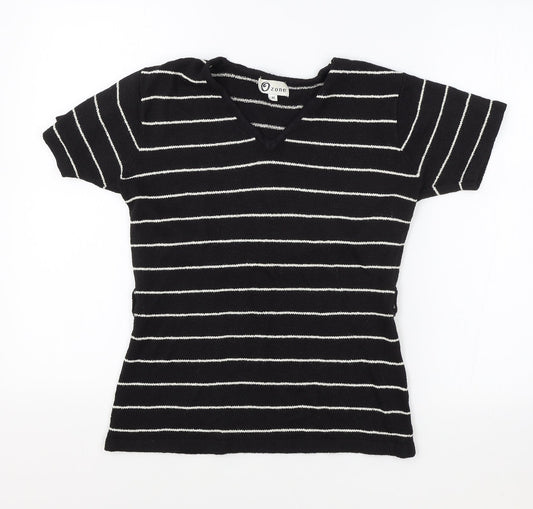 Zone Womens Black Striped Acrylic Basic T-Shirt Size M V-Neck