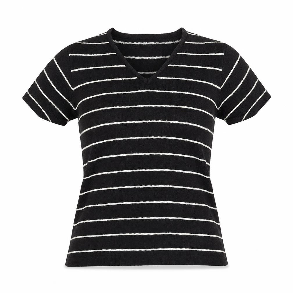Zone Womens Black Striped Acrylic Basic T-Shirt Size M V-Neck
