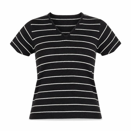 Zone Womens Black Striped Acrylic Basic T-Shirt Size M V-Neck
