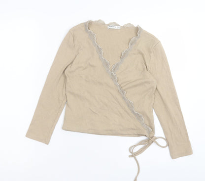 Stradivarius Womens Beige Polyester Wrap Blouse Size M V-Neck - Lace Trim