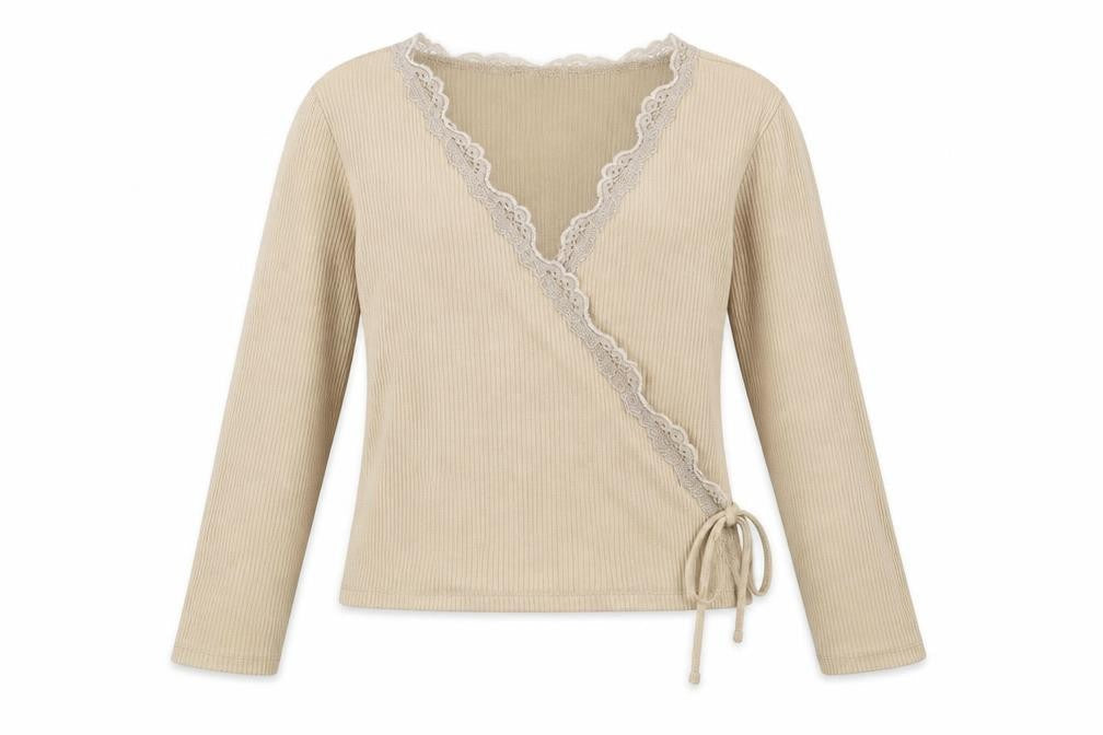 Stradivarius Womens Beige Polyester Wrap Blouse Size M V-Neck - Lace Trim