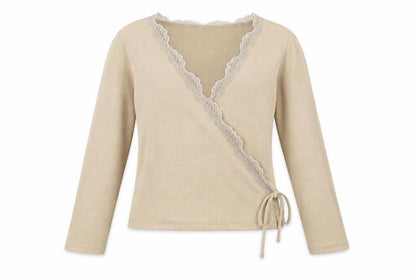 Stradivarius Womens Beige Polyester Wrap Blouse Size M V-Neck - Lace Trim
