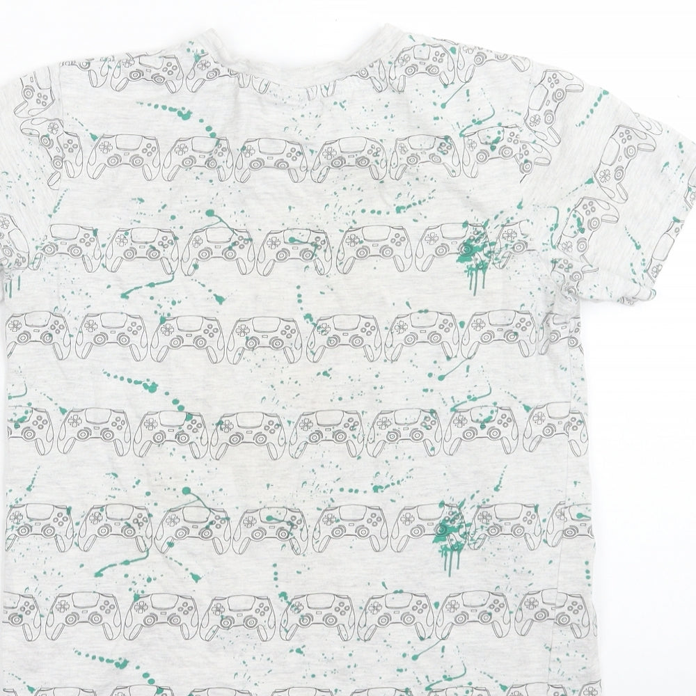George Boys Grey Geometric Cotton Basic T-Shirt Size 9-10 Years Crew Neck Pullover - Games Console Print