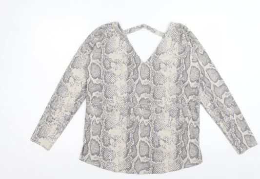 NEXT Womens Grey V-Neck Animal Print Polyester Pullover Jumper Size 10