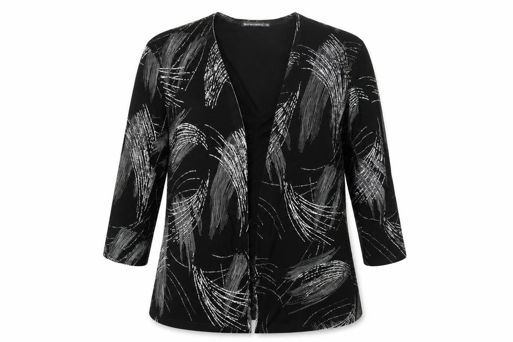 Reflections Womens Black Geometric Acetate Basic Blouse Size 2XL V-Neck