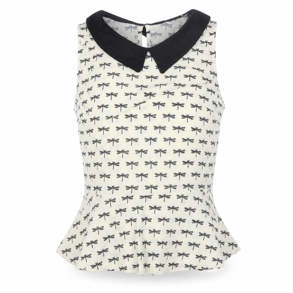 Primark Womens Ivory Geometric Polyester Basic Blouse Size 10 Collared - Dragonfly Print