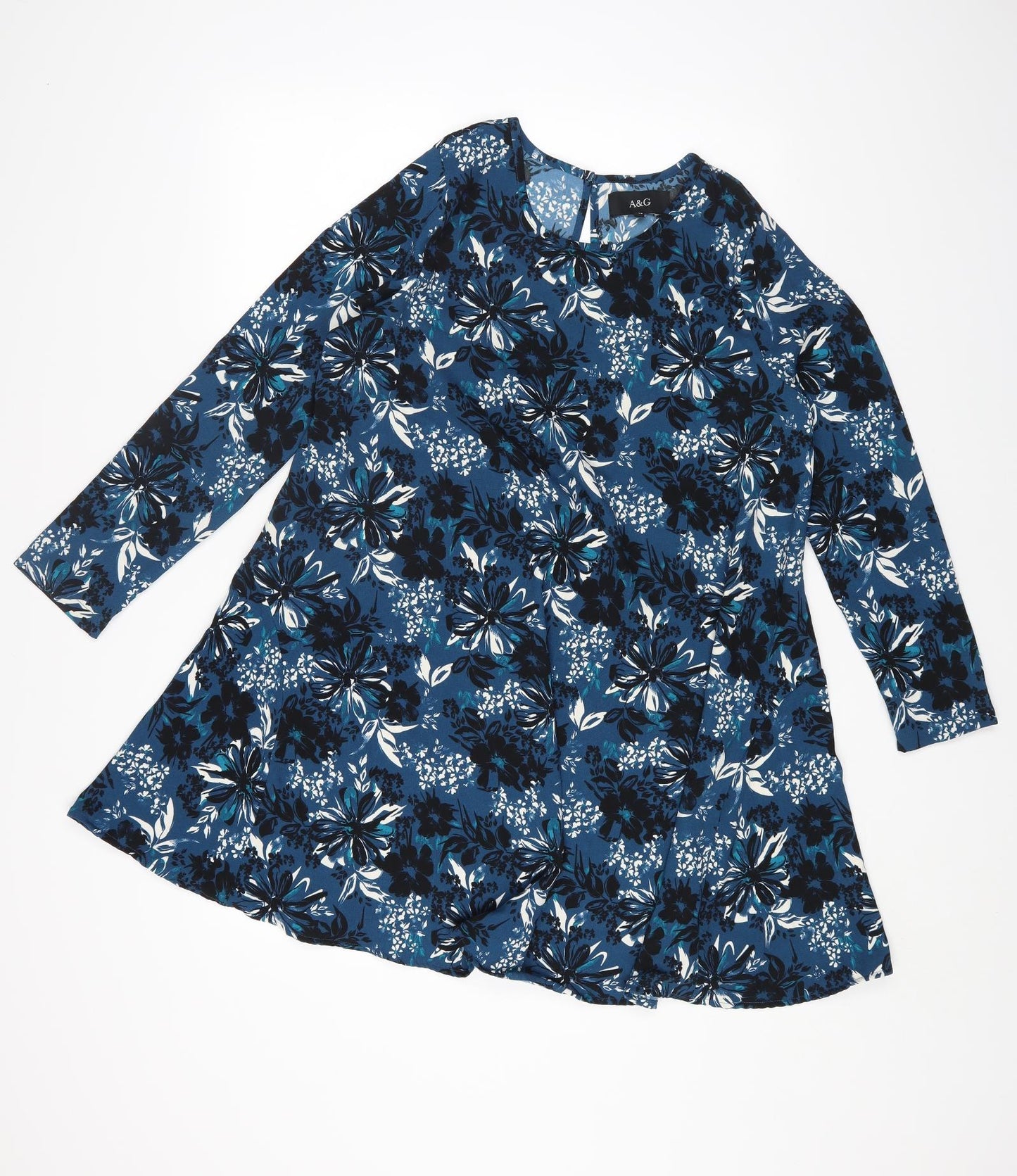 A&G Womens Blue Floral Polyester A-Line Size 12 Round Neck Button
