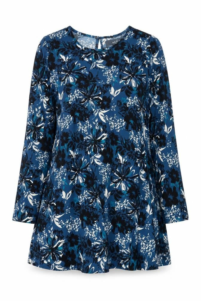 A&G Womens Blue Floral Polyester A-Line Size 12 Round Neck Button