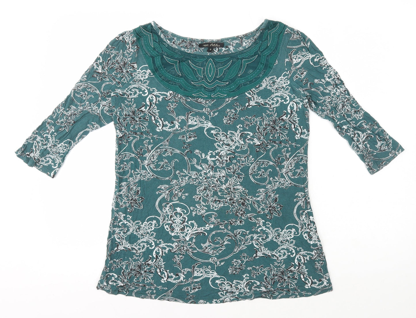 NEXT Womens Green Floral Viscose Basic T-Shirt Size 6 Boat Neck - Mesh Neck Detail