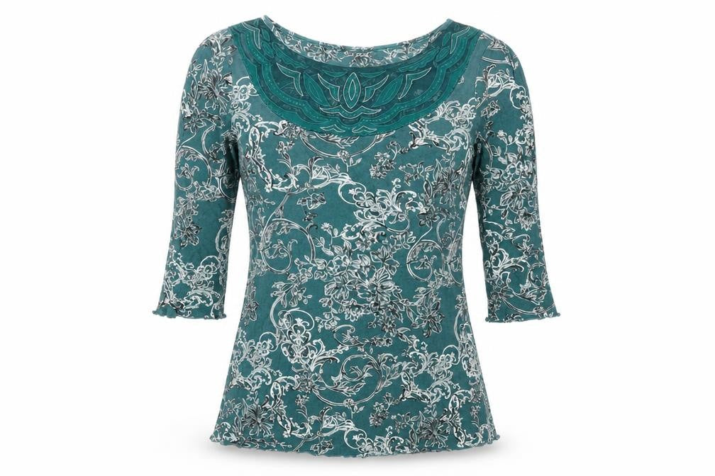 Next Womens Green Floral Viscose Basic T-Shirt Size 6 Boat Neck - Mesh Neck Detail
