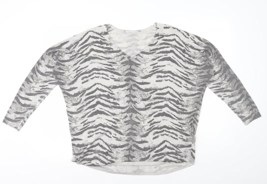 Peace and Love Womens Grey V-Neck Animal Print Polyester Pullover Jumper Size 14 - Tiger print