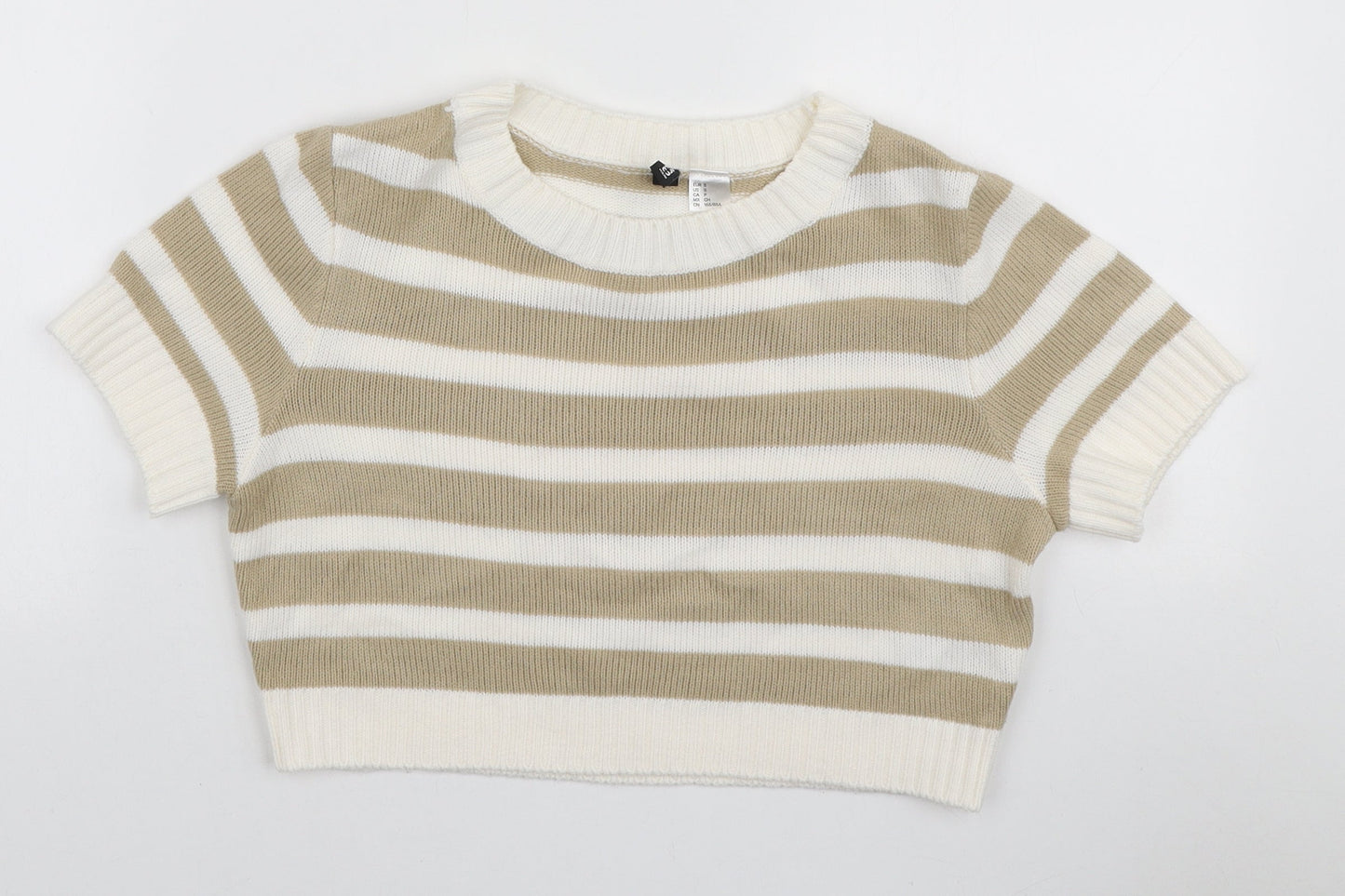 H&M Womens Beige Striped Acrylic Basic T-Shirt Size S Round Neck