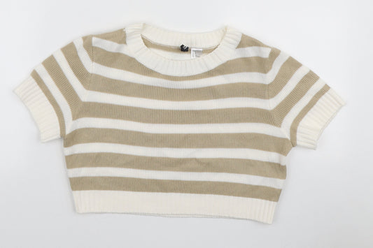 H&M Womens Beige Striped Acrylic Basic T-Shirt Size S Round Neck